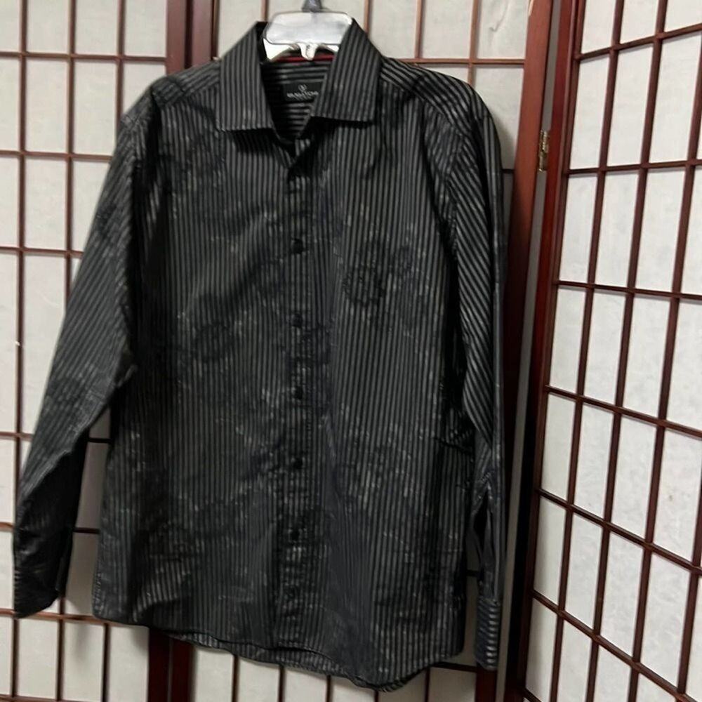 BUGATCHI UOMO TONAL ABSTRACT PINSTRIPE DRESS SHIRT SIZE L